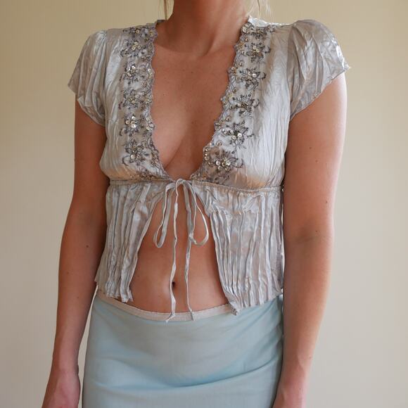 Y2k vintage crinkle top tie front beaded fairy-core M - Picture 8 of 10